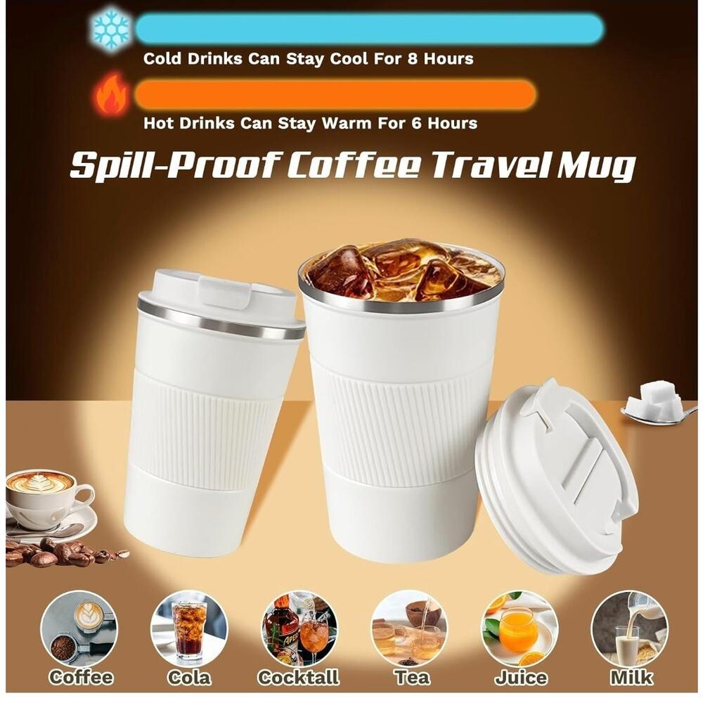 Stainless Steel Travel Coffee Mug W/ Lid White Hot & Cold Insulated Tumbler 12OZ - Picture 2 of 8